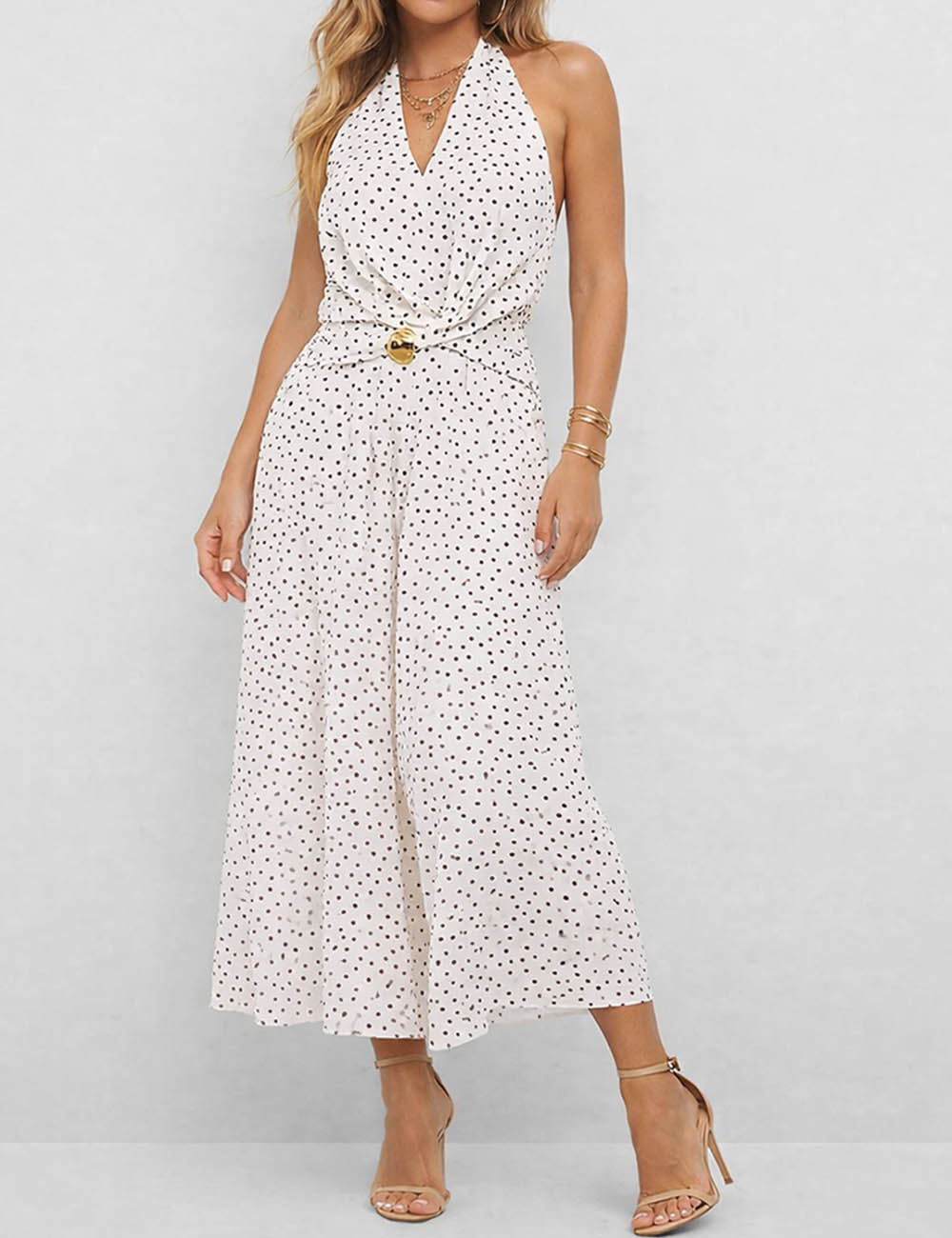 Polka Dot Halter Neck Metal Buckle Wide Leg Jumpsuit