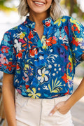 Blue Flower Print Collared V Neck Puff Short Sleeve Loose Blouse