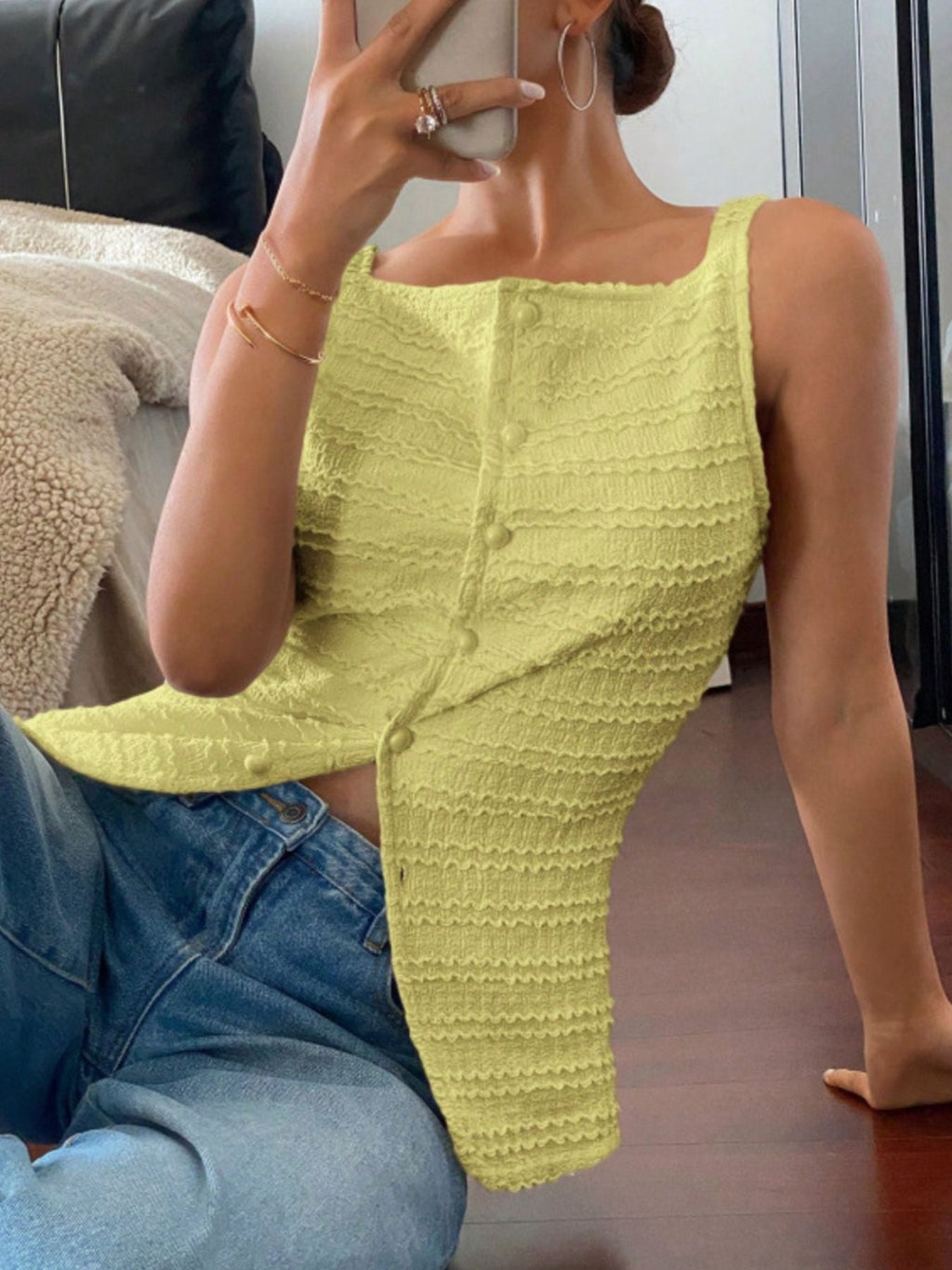 Textured Button Front Tank