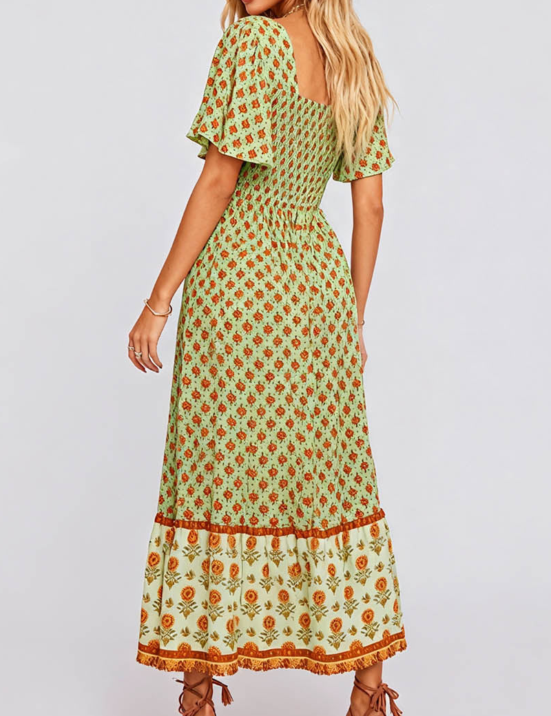Boho Square Neck Short Sleeves Maxi Dress