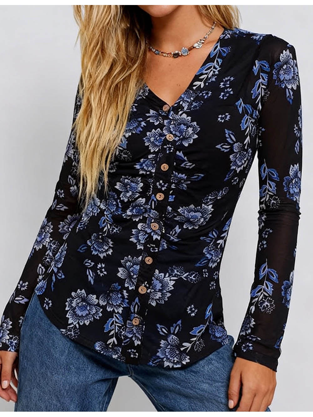 Boho Sheer V Neck Long Sleeves Blouse