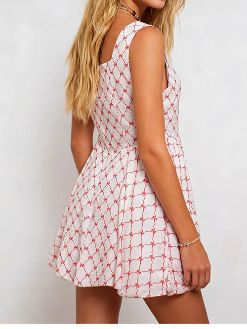 Bubble Hem Diamond Square Neck Bow Mini Dress