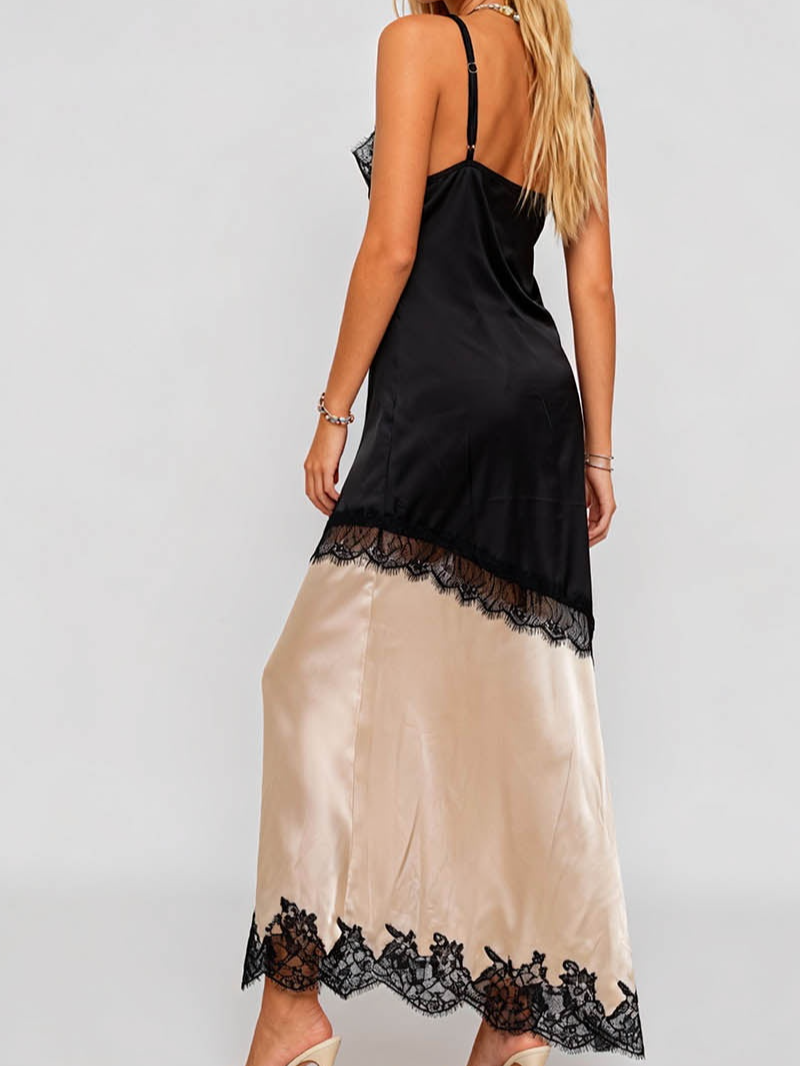 V Neck Sleeveless Lace Splice Side Split Maxi Dress