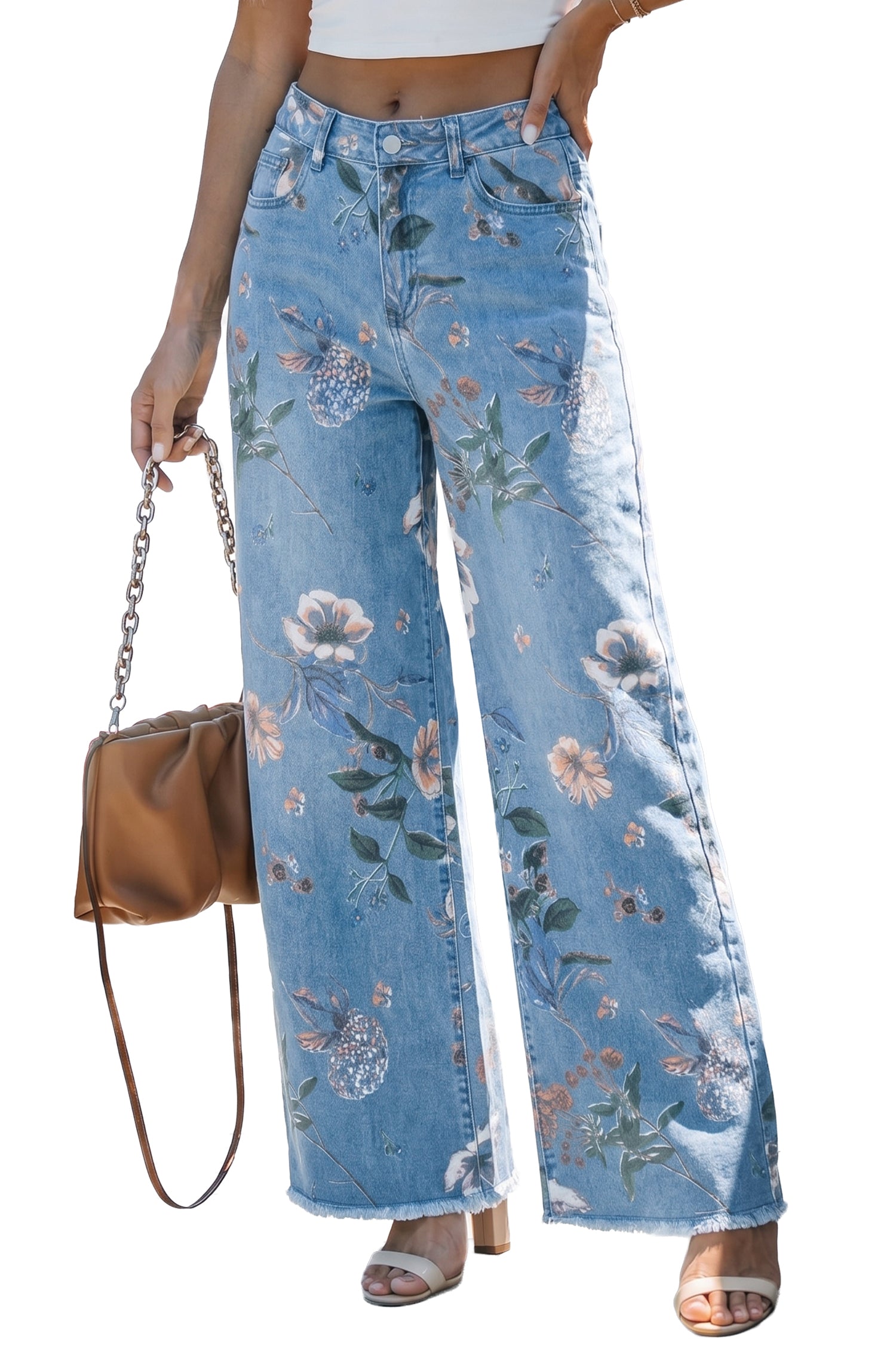 Frayed Floral Print Retro Hem Shift Jeans