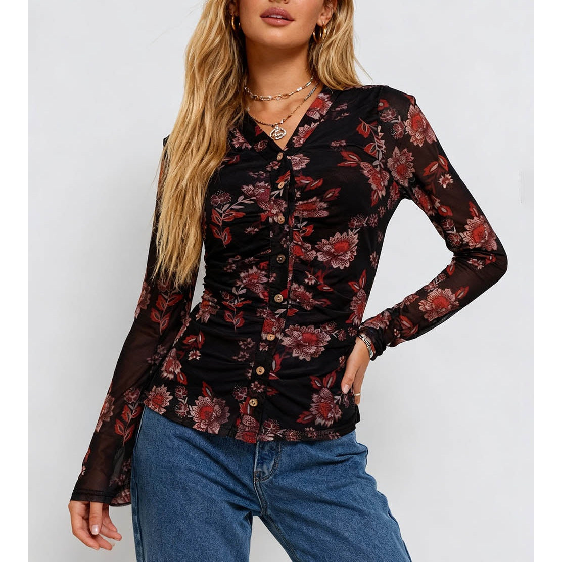 Boho Sheer V Neck Long Sleeves Blouse