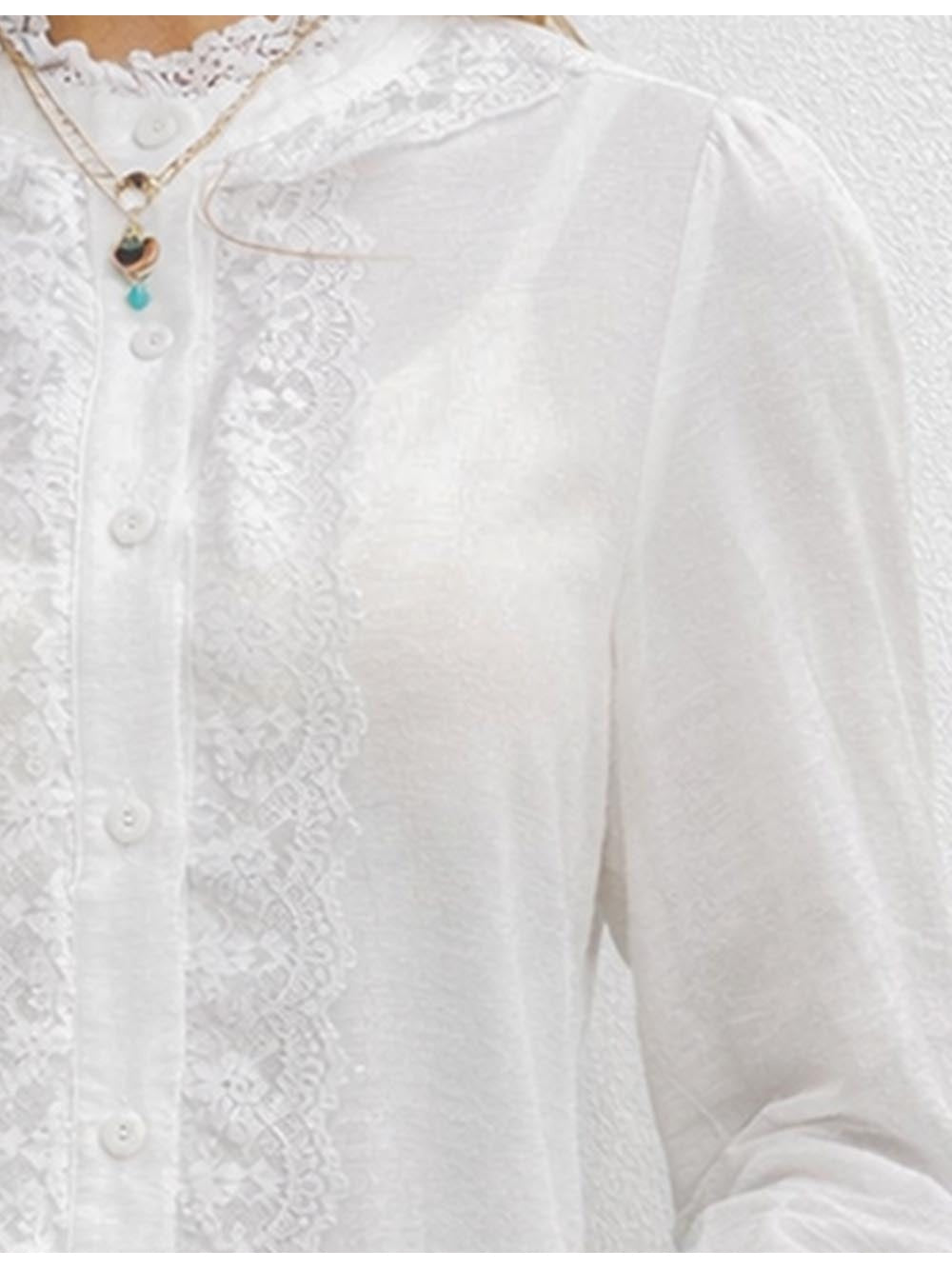 Chic Lace Stand Neck Button Front Flared Sleeves Blouse