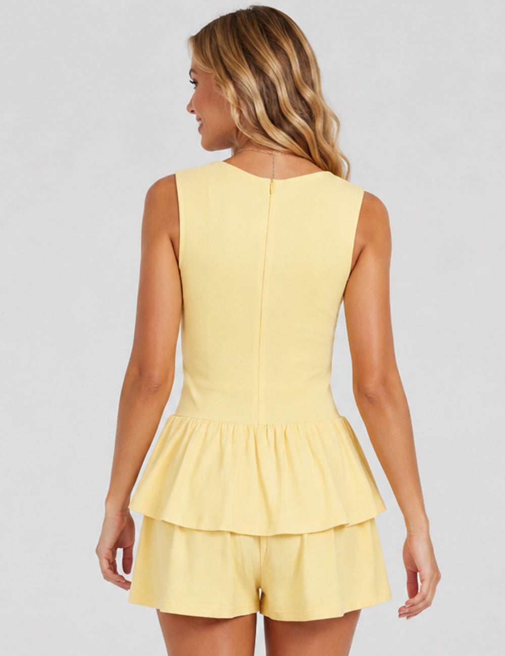 Sleeveless Layered Ruffle Hem Solid Color Romper