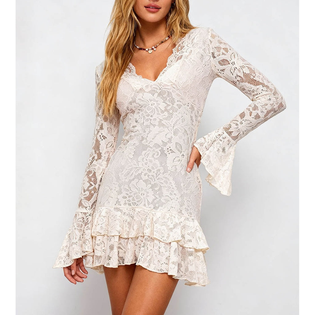 Lace Scalloped Trim V Neck Tiered Ruffle Mini Dress