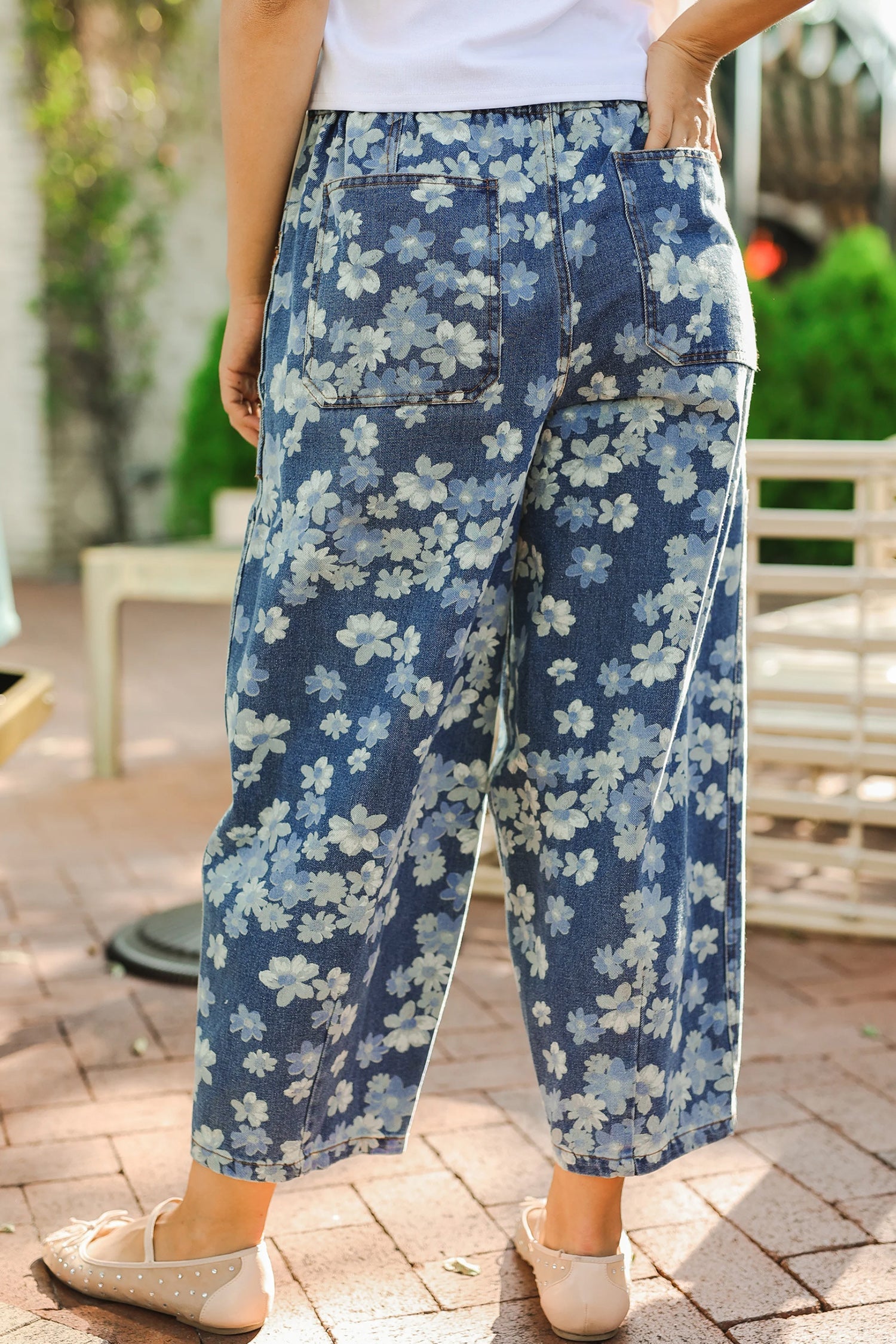Barrel Drawstring Floral Print Dainty Printed Jeans