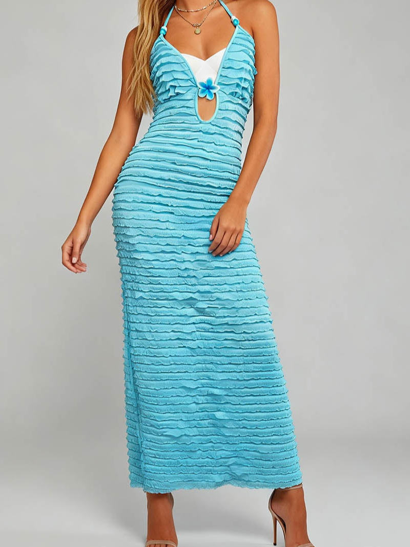 Halter Deep V Cutout Side Split Ruffle Maxi Dress