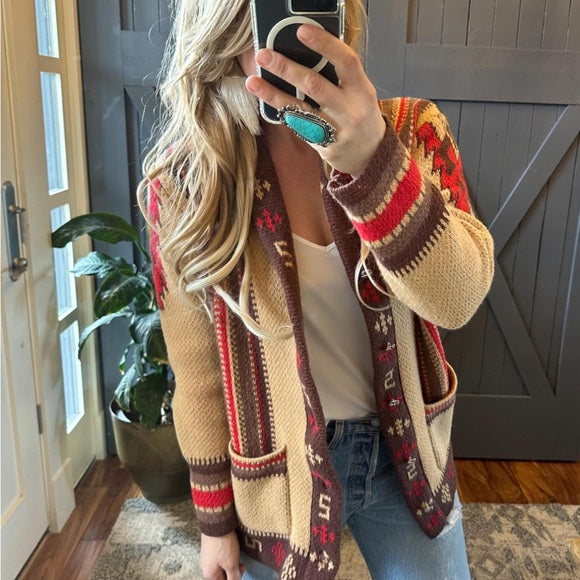 Western Geometric Belted Pocketed Cardigan
