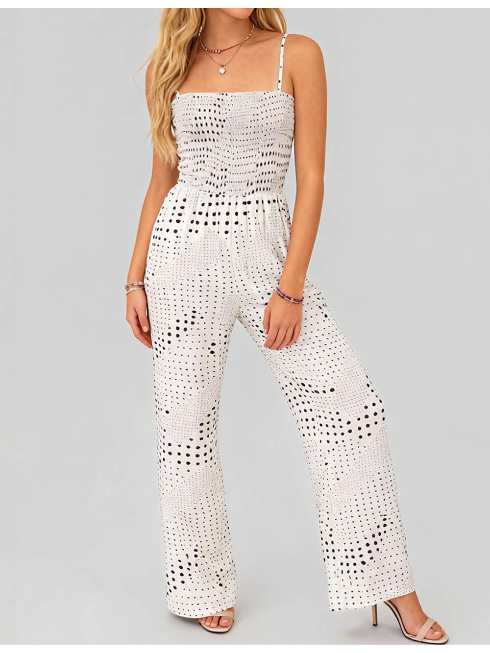 Polka Dot Smocked Bodice Wide Leg Jumpsuit