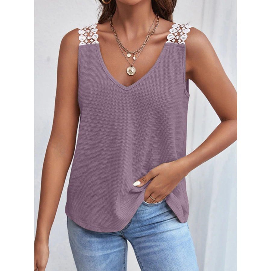 Lace Detail Waffle Knit V Neck Tank