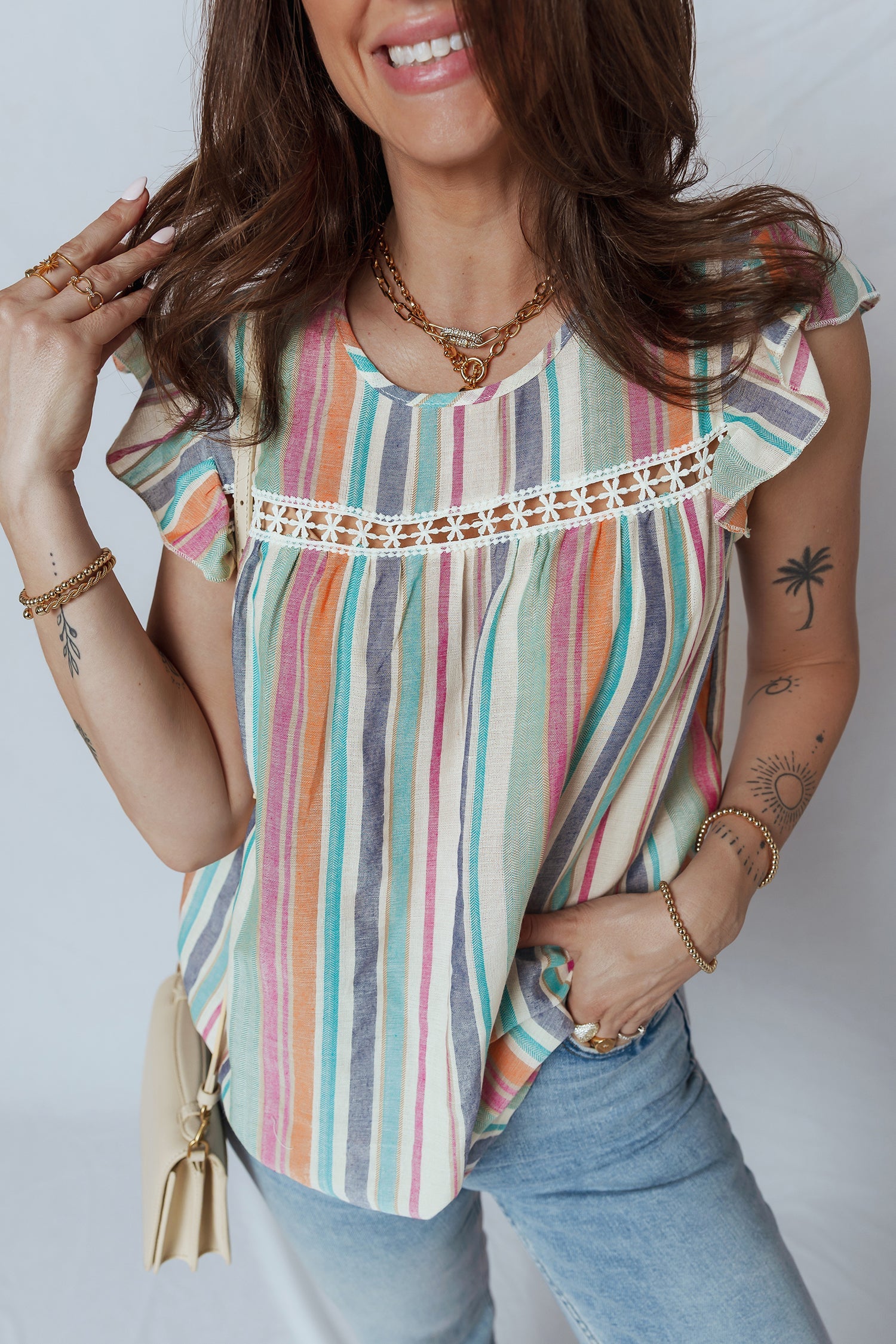 Light Blue Lace Hollow-Out Insert Flutter Sleeve Striped Blouse