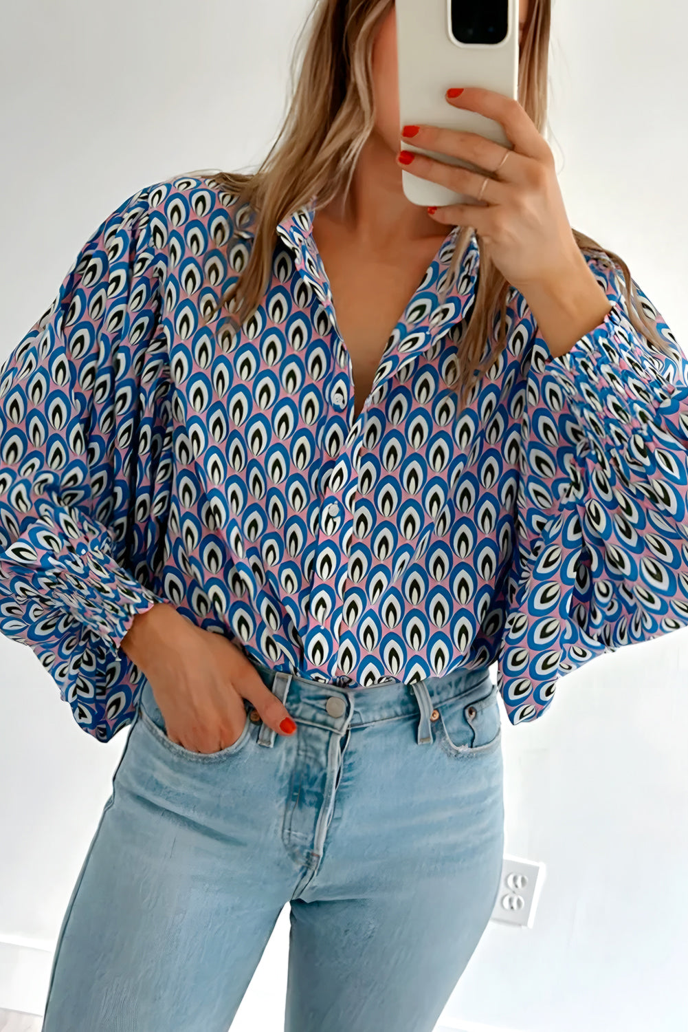 Abstract Print Shirred Puff Sleeve Shirt Blouse