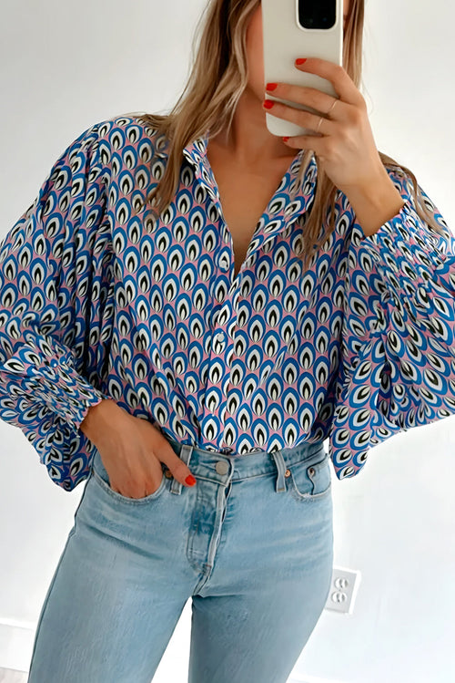 Abstract Print Shirred Puff Sleeve Shirt Blouse