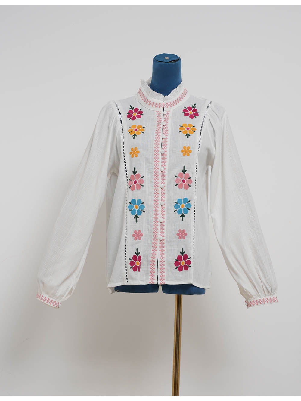 Boho Embroidery Ruffle Stand Neck Button Blouse