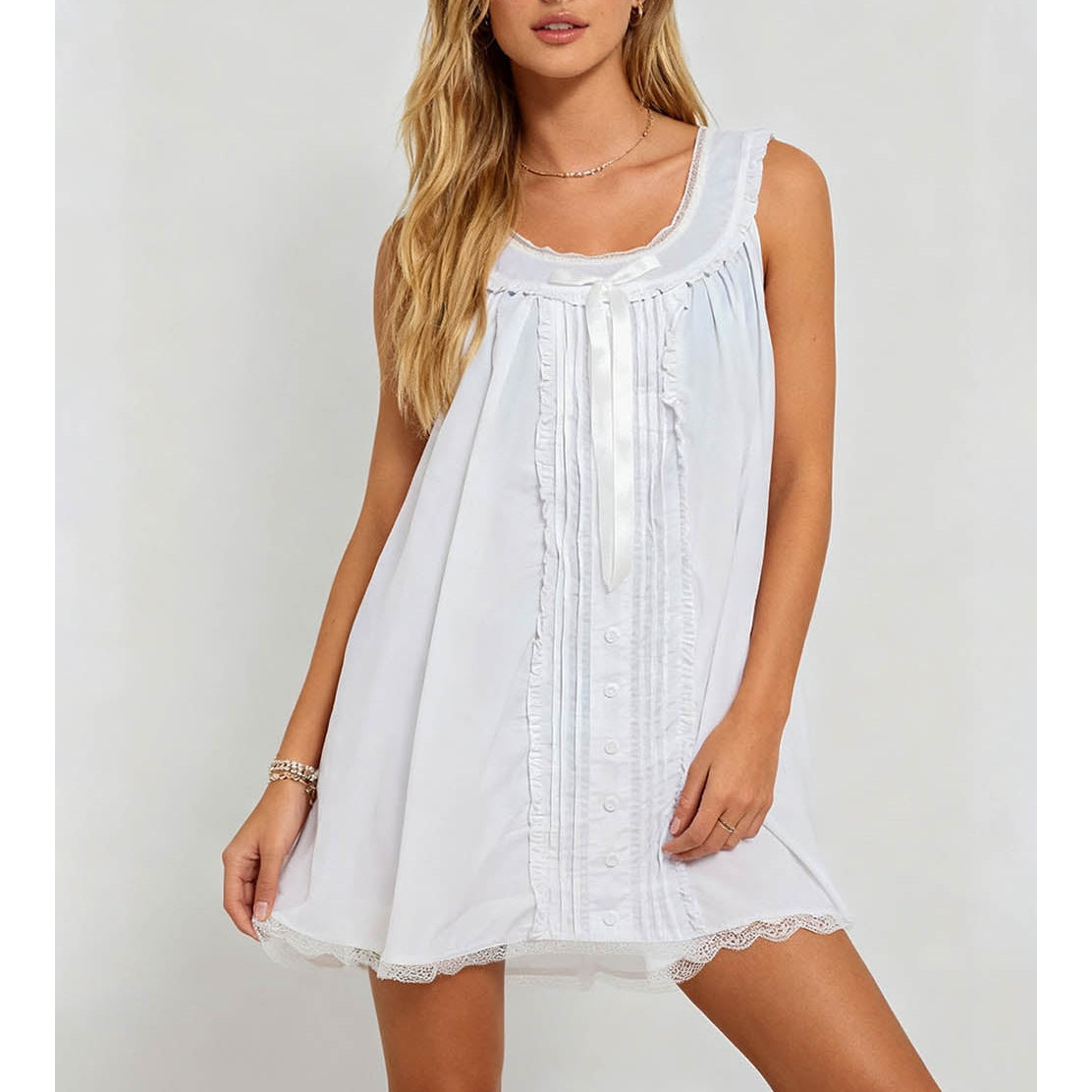 Lace Trim Bow Sleeveless Babydoll Mini Dress
