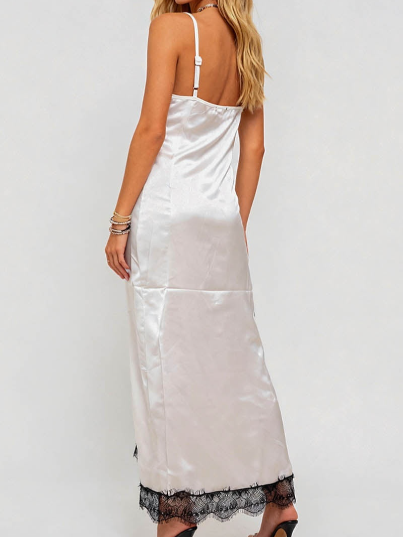 V Neck Lace Trim Spaghetti Strap Satin Maxi Dress