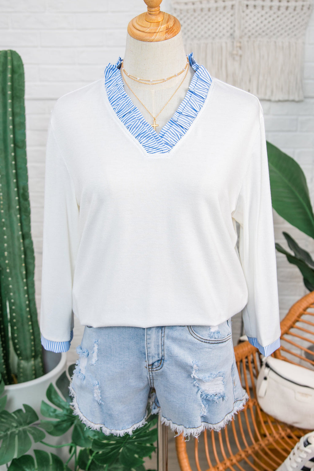 White Striped Patchwork V Neck 3/4 Sleeve Blouse