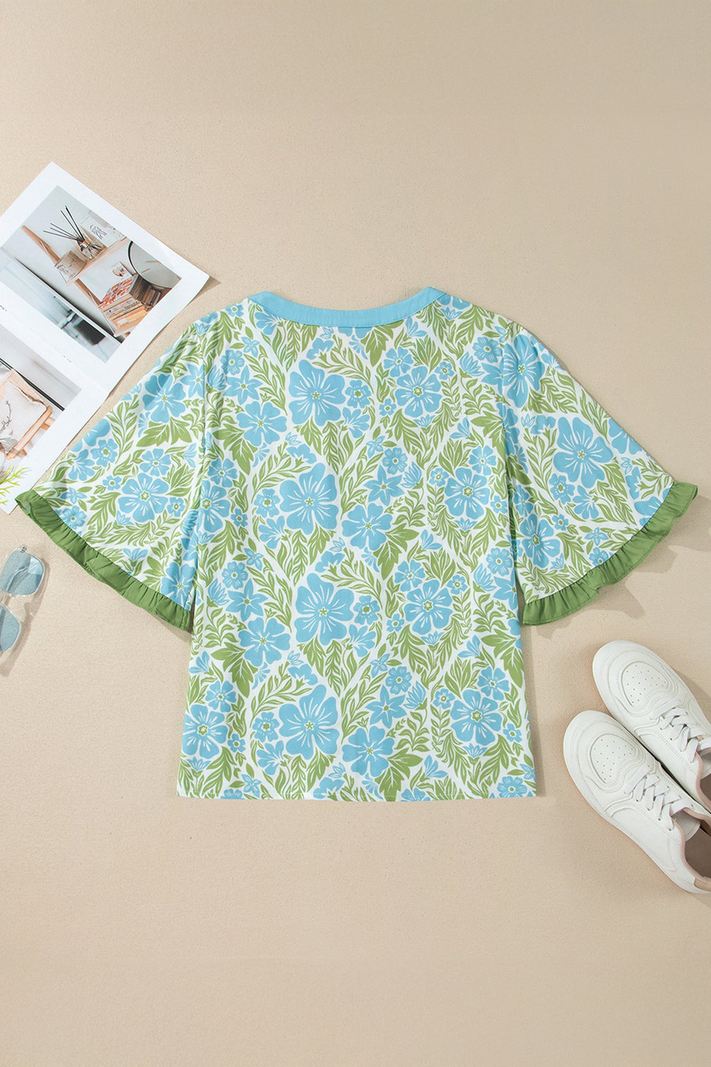 Sky Blue Floral Print Ruffled Color Block Trim Half Sleeve Blouse