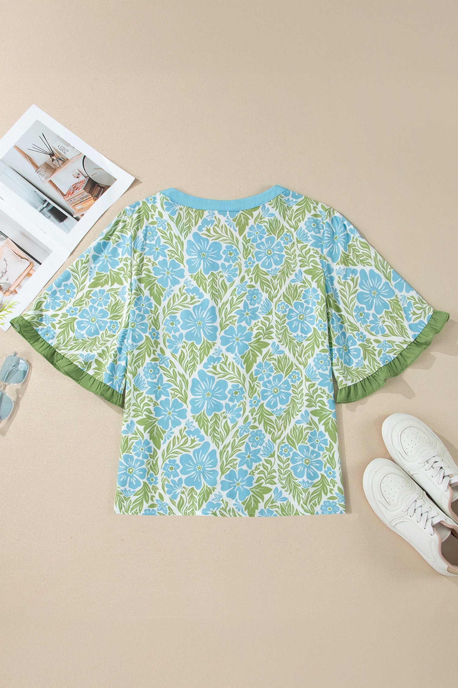 Sky Blue Floral Print Ruffled Color Block Trim Half Sleeve Blouse