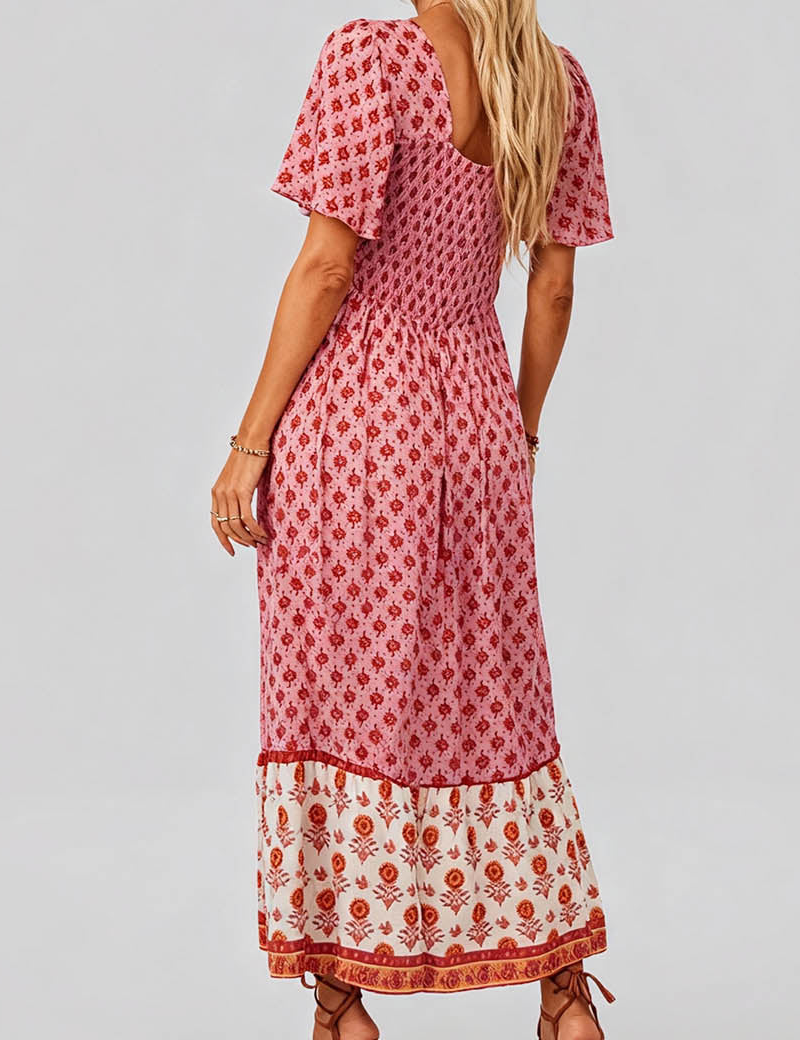 Boho Square Neck Short Sleeves Maxi Dress