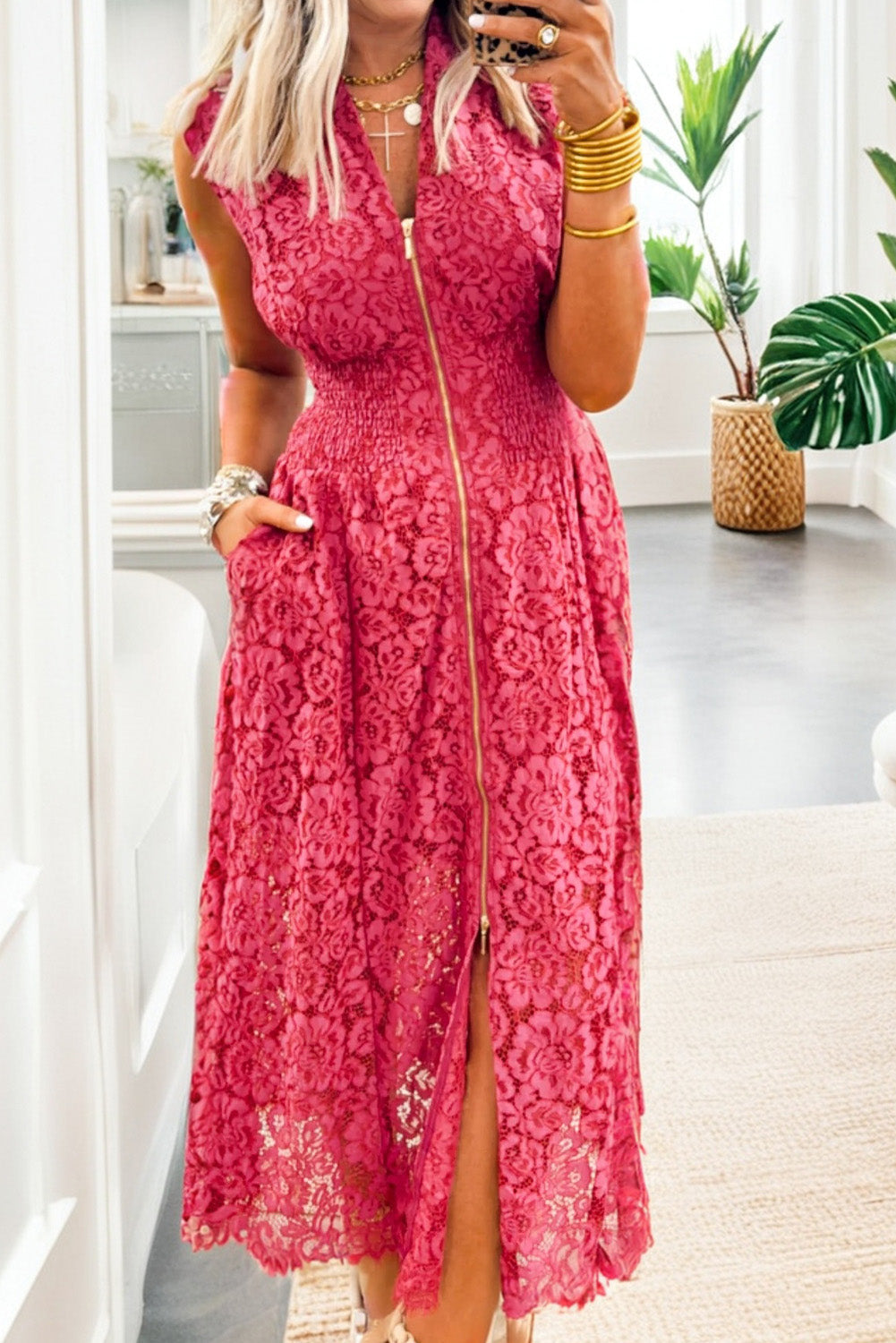 Maxi Coral Floral Lace Overlay Zip Up V Neck