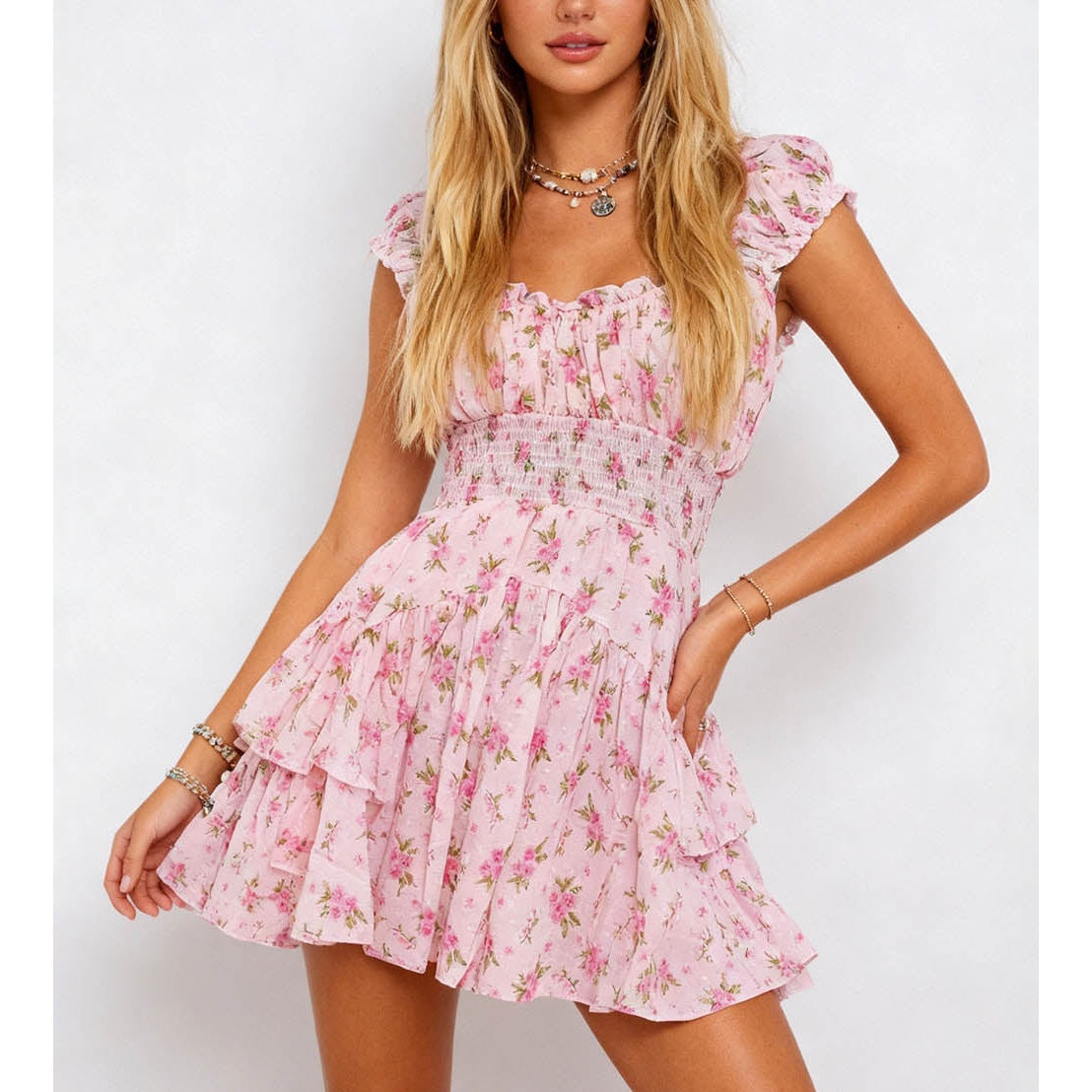 Ruffle Smocked Waist Square Neck Mini Dress