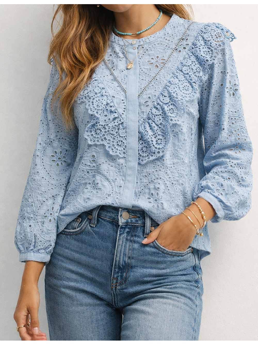 Boho Embroidery Hollow Out Long Sleeves Blouse