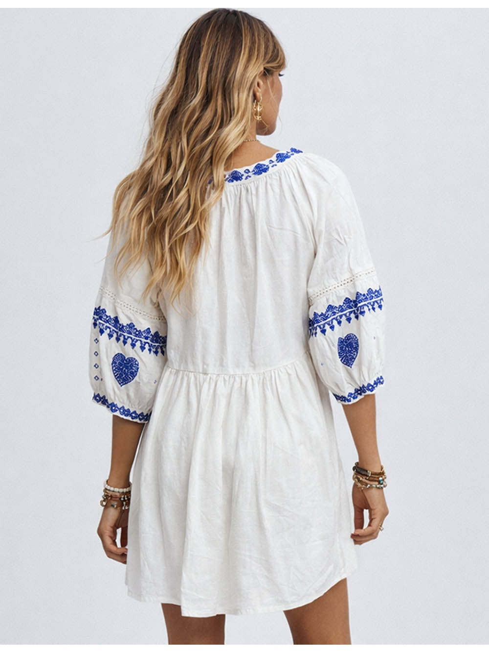 Boho Totem Embroidery Fringe Neck Mini Dress