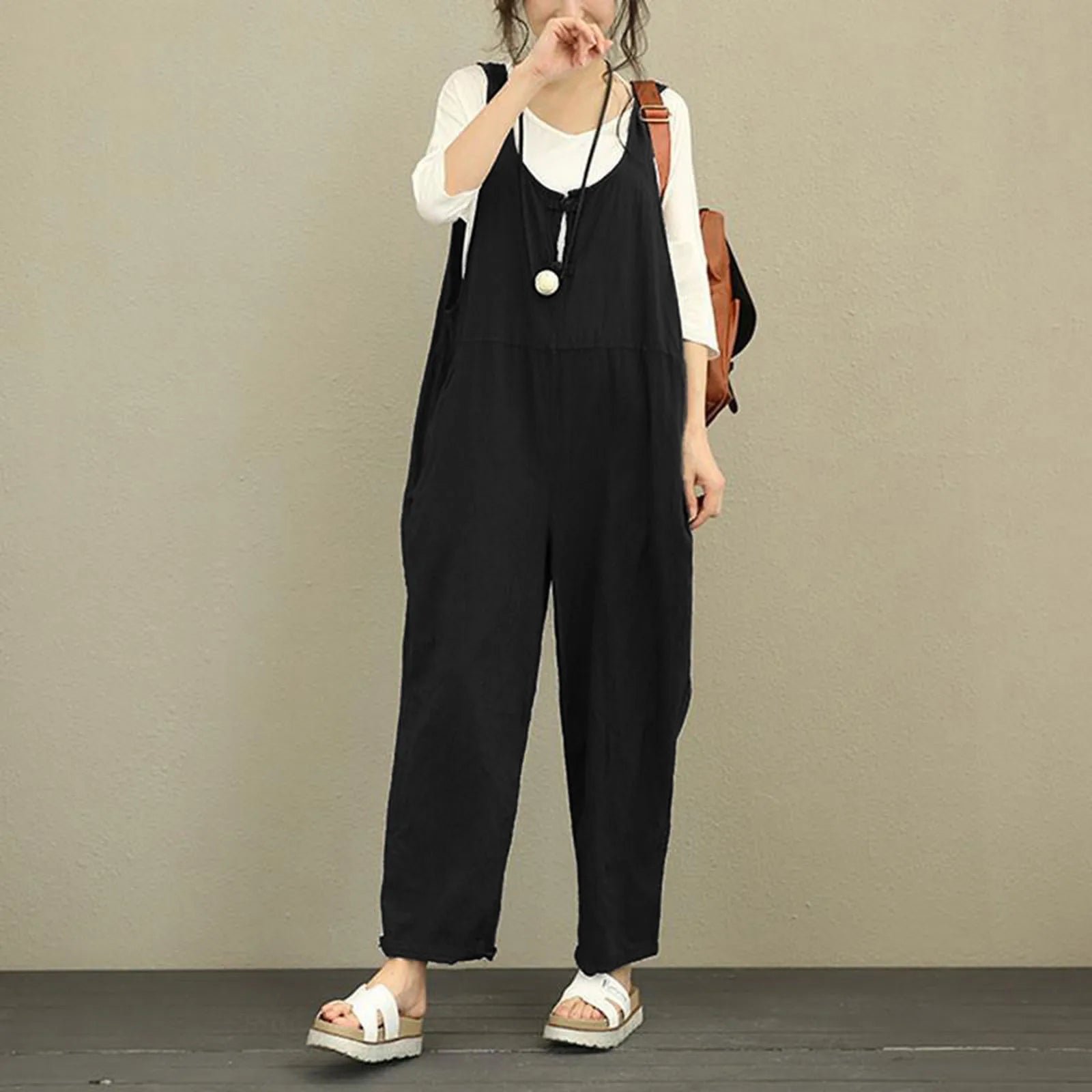 Boho Comfort Wide-Leg Suspender Cotton Jumpsuit