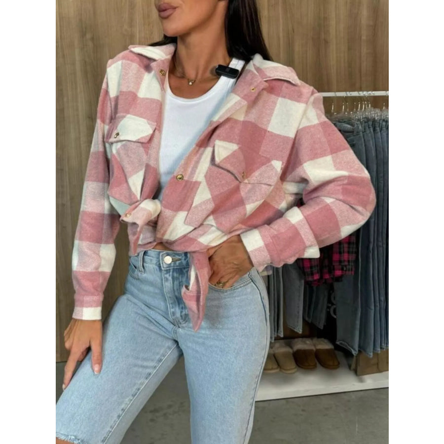 Classic Plaid Button Down Long Sleeve Shacket Jacket