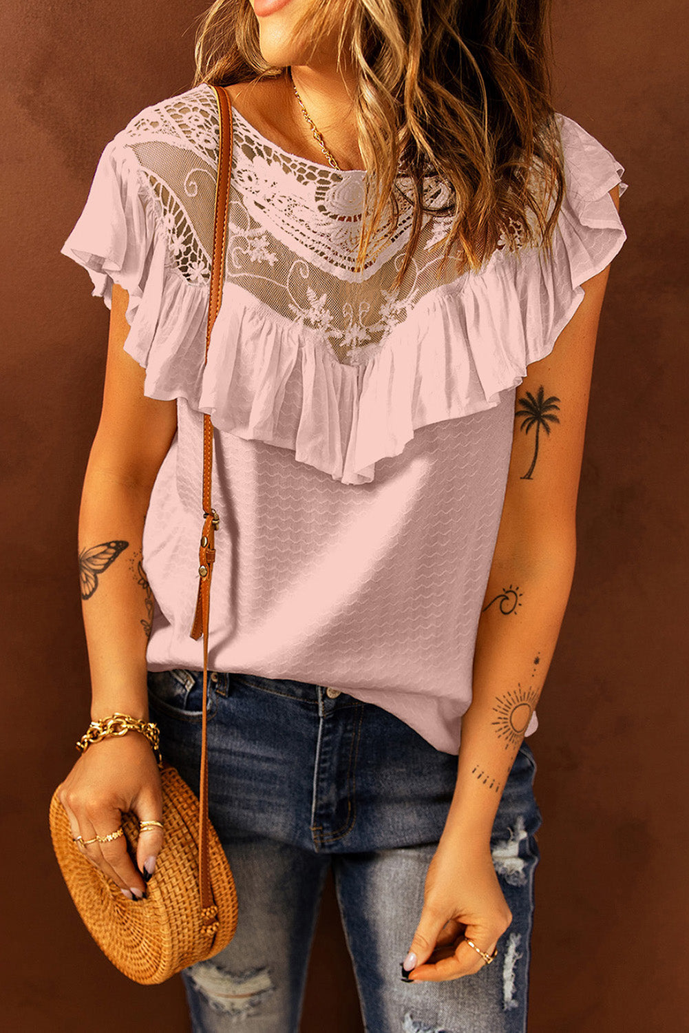 Lace Splicing Ruffled Short Sleeve