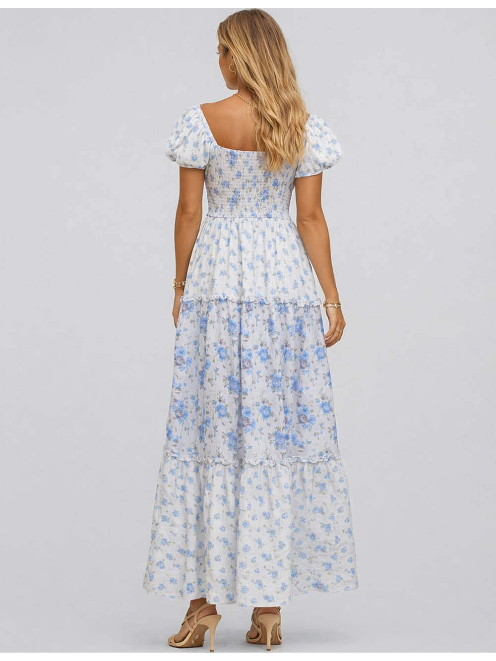 Neck Puff Sleeves Boho Maxi Dress