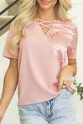 Apricot Pink Leopard Jacquard Patchwork Crisscross V Neck Short Sleeve Blouse