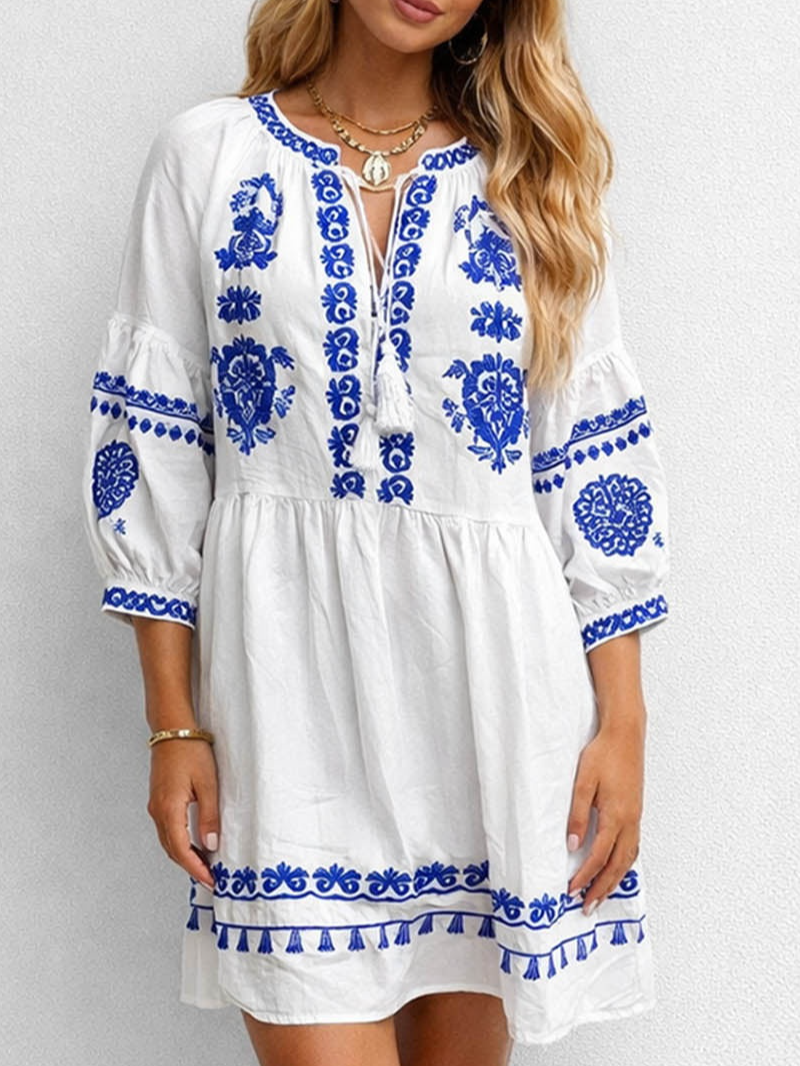 Boho Totem Embroidery Fringe Neck Mini Dress