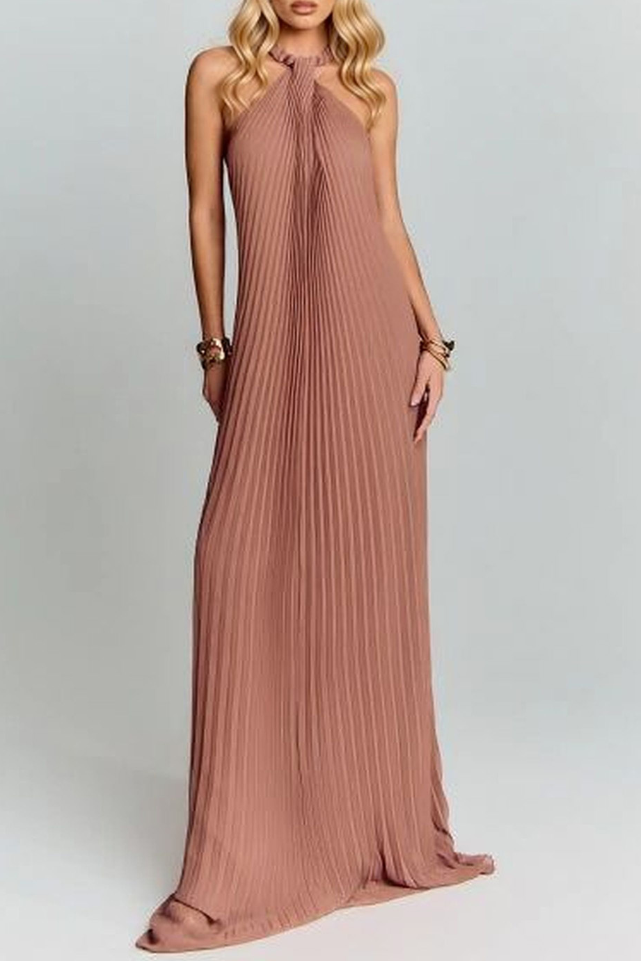 Pleated Halter Neck Maxi Dress