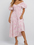 Romantic Puff Sleeves Drawstring Midi Dress