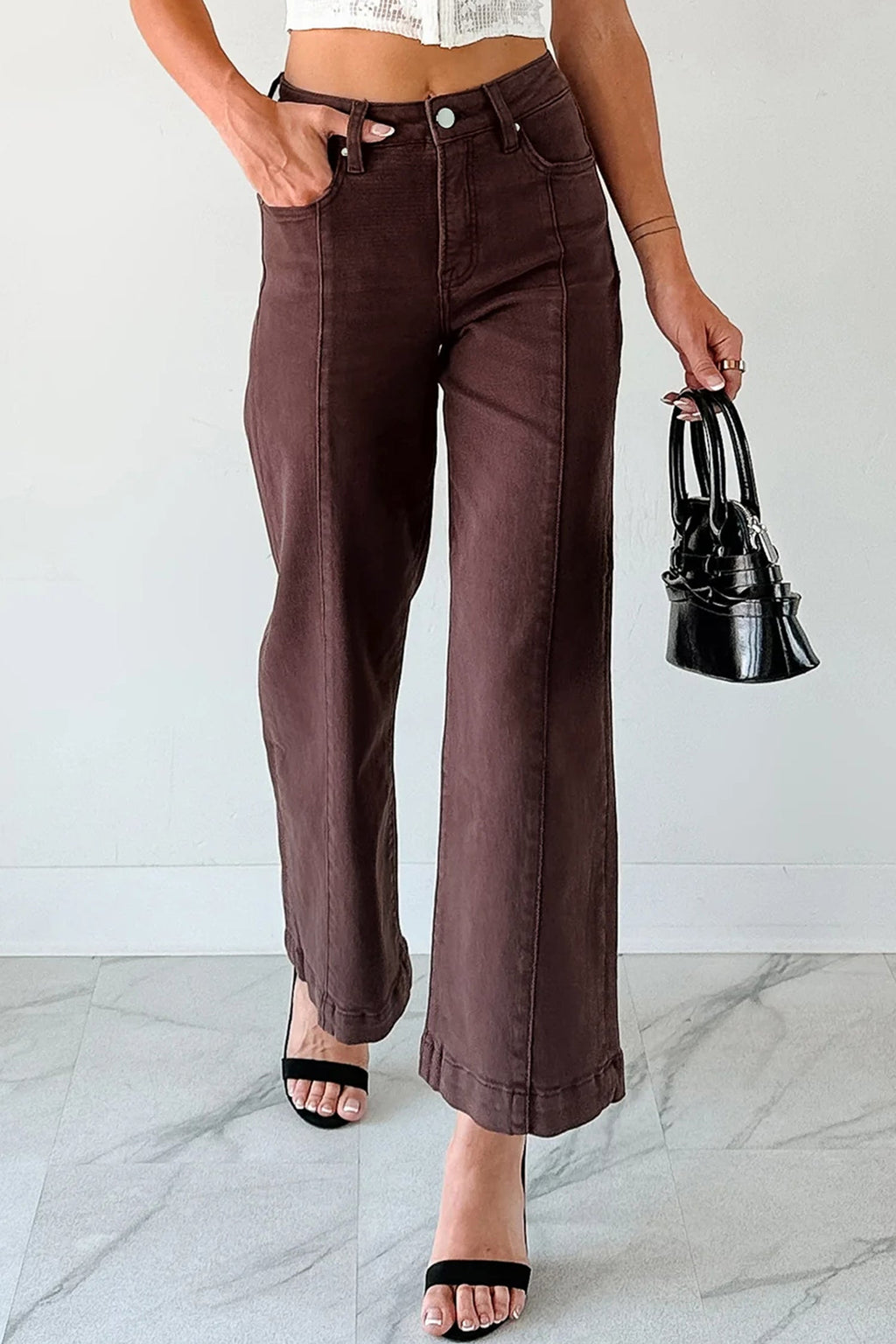 Wide Leg Cropped Sandalwood Solid Seamed Jeans