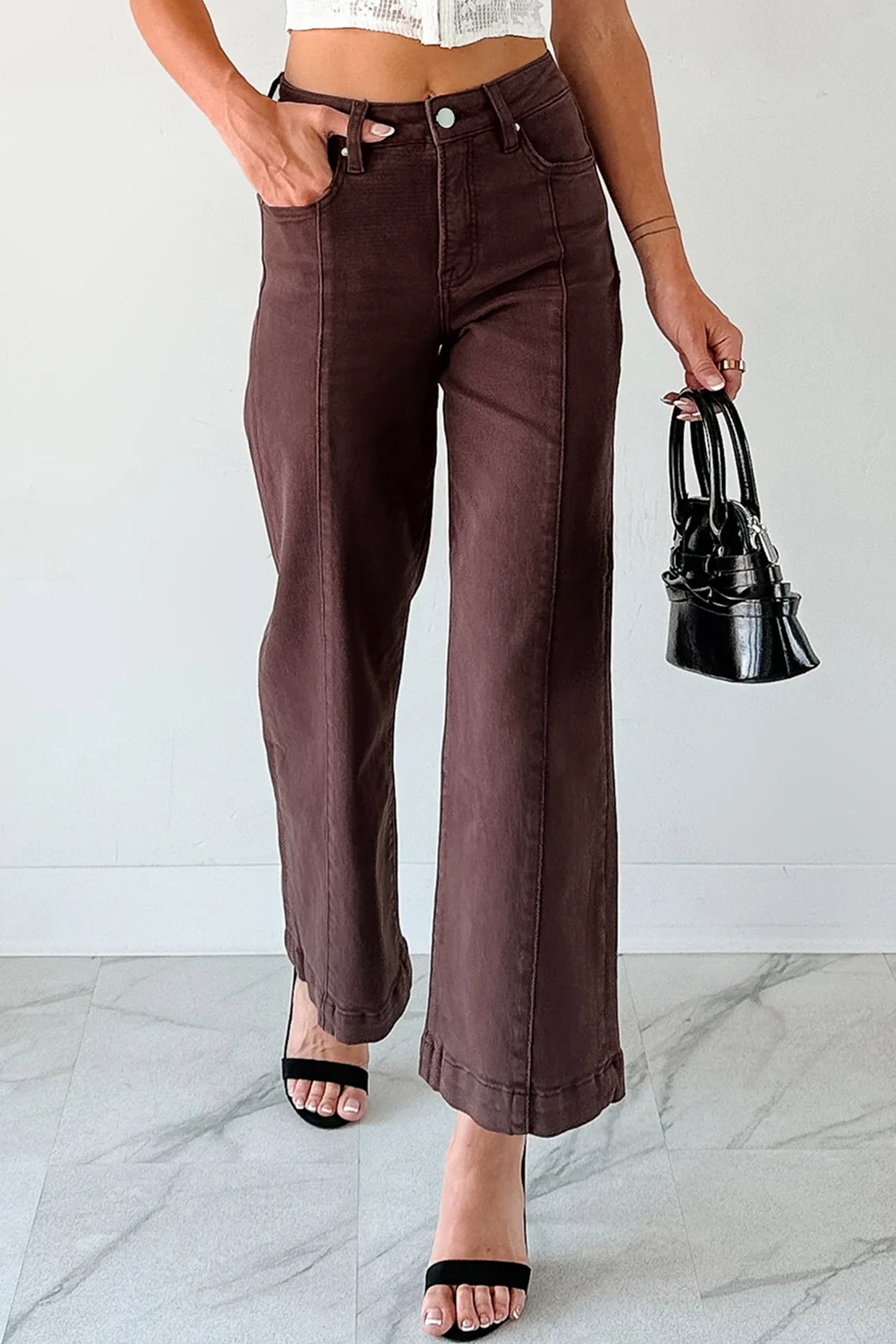 Wide Leg Cropped Sandalwood Solid Seamed Jeans
