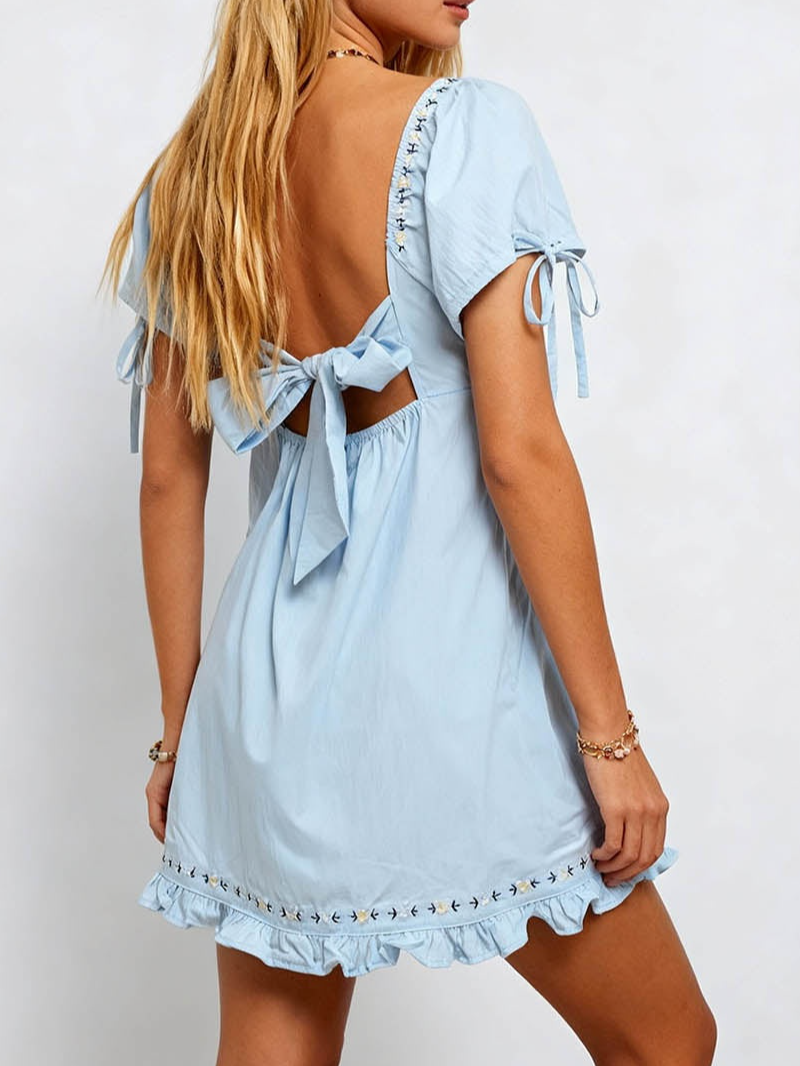Embroidery Square Neck Bow Mini Dress