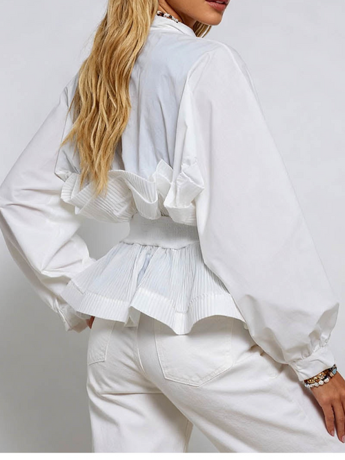 Chic Ruffle Pleated Lantern Sleeves Button Front Blouse