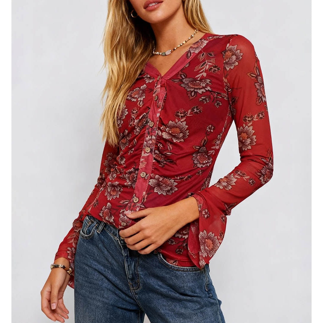 Boho Sheer V Neck Long Sleeves Blouse