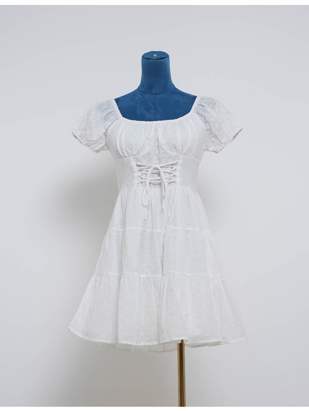 Romantic Eyelet Waist Puff Sleeves Mini Dress