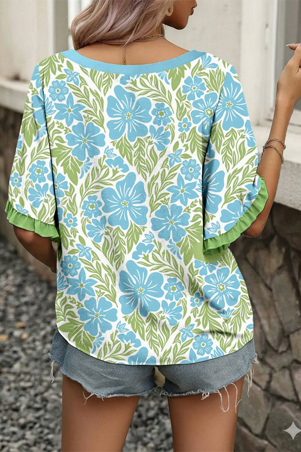 Sky Blue Floral Print Ruffled Color Block Trim Half Sleeve Blouse