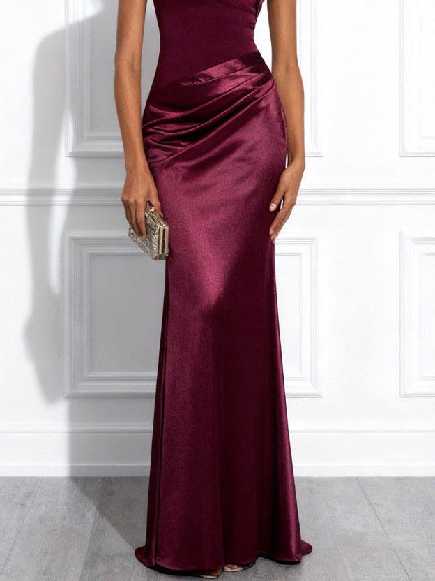 One Shoulder Satin Pleated Maxi Dress