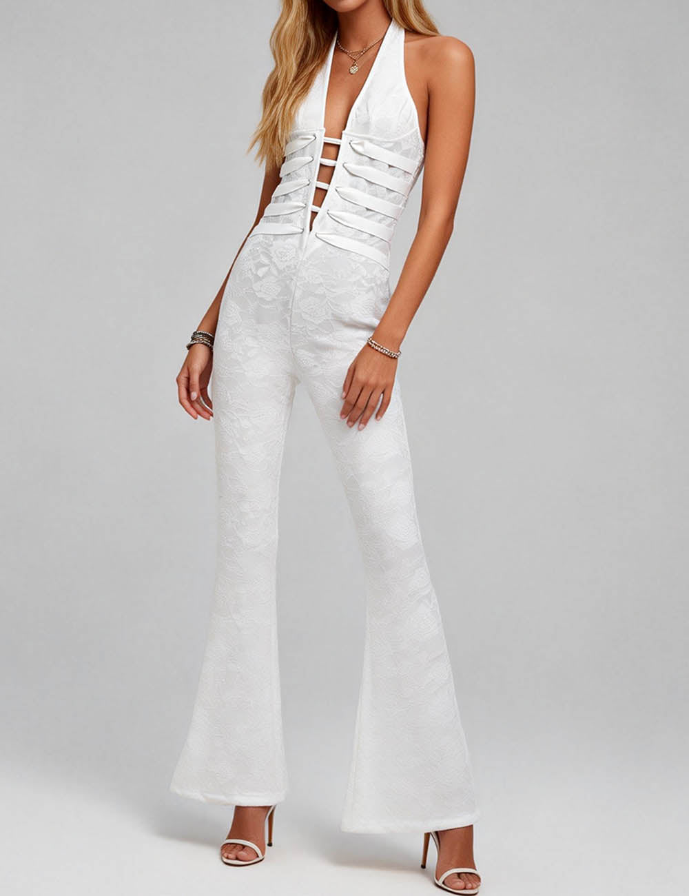 Lace Deep V Halter Neck Cross Back Lace Up Jumpsuit