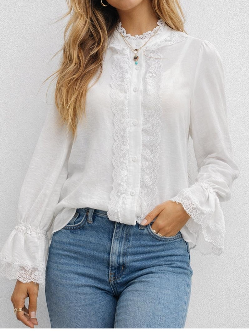 Chic Lace Stand Neck Button Front Flared Sleeves Blouse