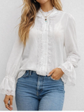 Chic Lace Stand Neck Button Front Flared Sleeves Blouse